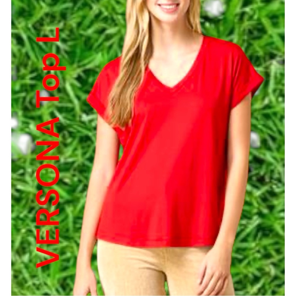 VERSONA Buttery Soft knit V-Neck top Size:L Back pleat Color:Tangerine Like New